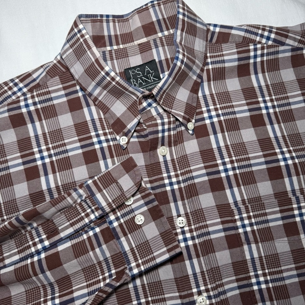 Jos A Banks Executive Collection Shirt Plaid Brown Long Sleeves Button Up Mens L